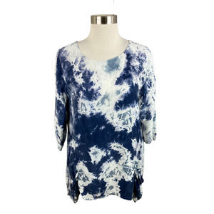 Yasuko Blue Tie Dye Rayon Lagenlook 3/4 Sleeve Blouse w/ Pockets Size M USA Made